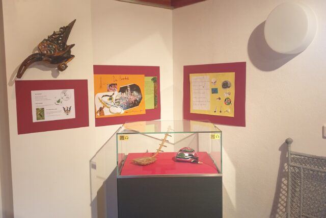 Blick in einen Ausstellungsraum mit Bildern und einer Vitrine