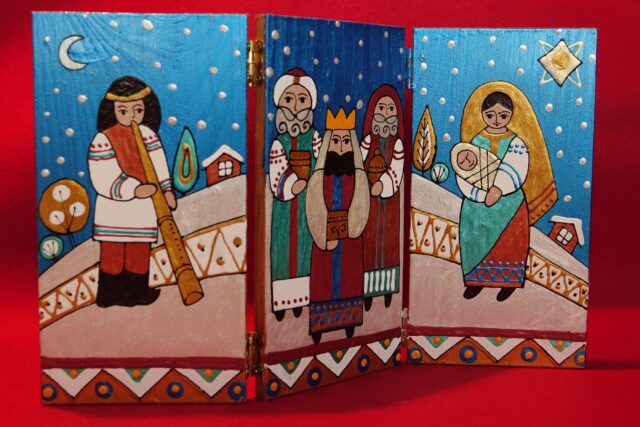 3 mit Krippenmotiven bemalte Holztafeln